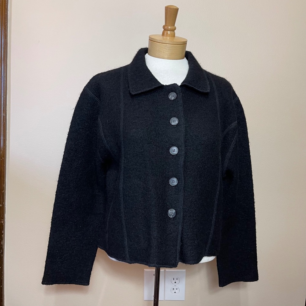 Herman Geist Womens Black 100% Boiled Wool Button Front Jacket Petite Large PL